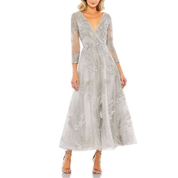 Mac Duggal A20336 Platinum Embellished Beaded Long Sleeves Formal Evening Dress